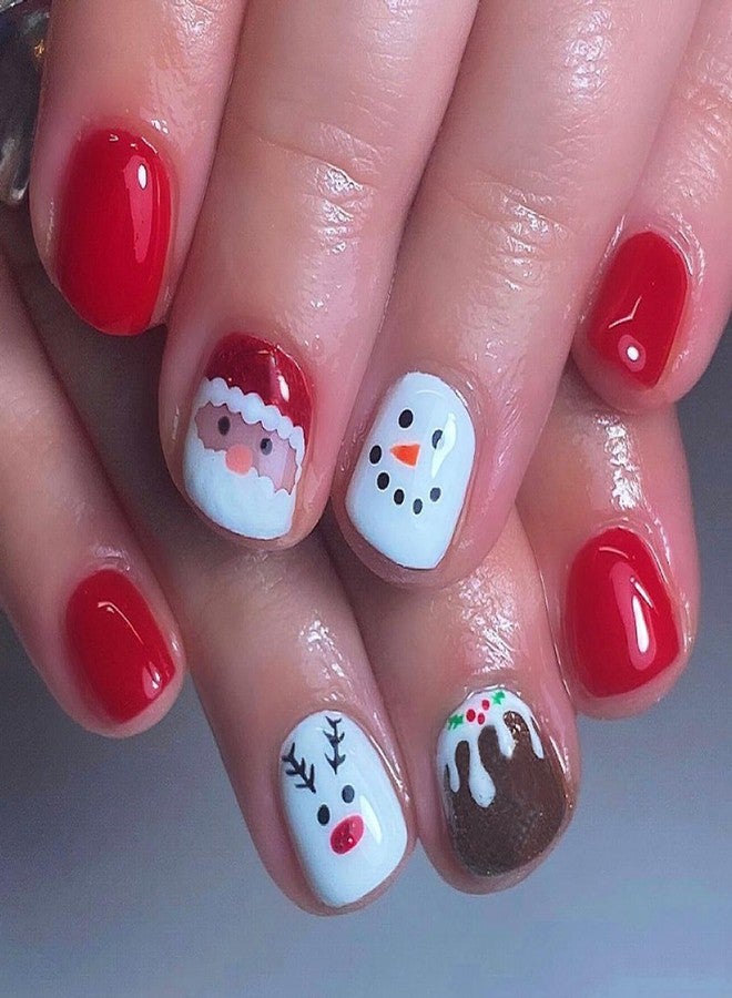 UCCASA Christmas Red Press on Nails Short Winter Fake Nails Square Xmas Press on Nails Cute with Santa Claus Elk Snowman Design Glossy False Nails Christmas Glue on nails Christmas Acrylic Nails for Women - Image 1
